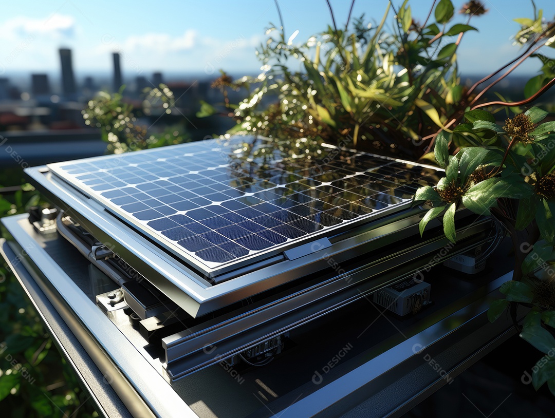 Painel solar moderno no telhado com plantas de manhã, painel solar