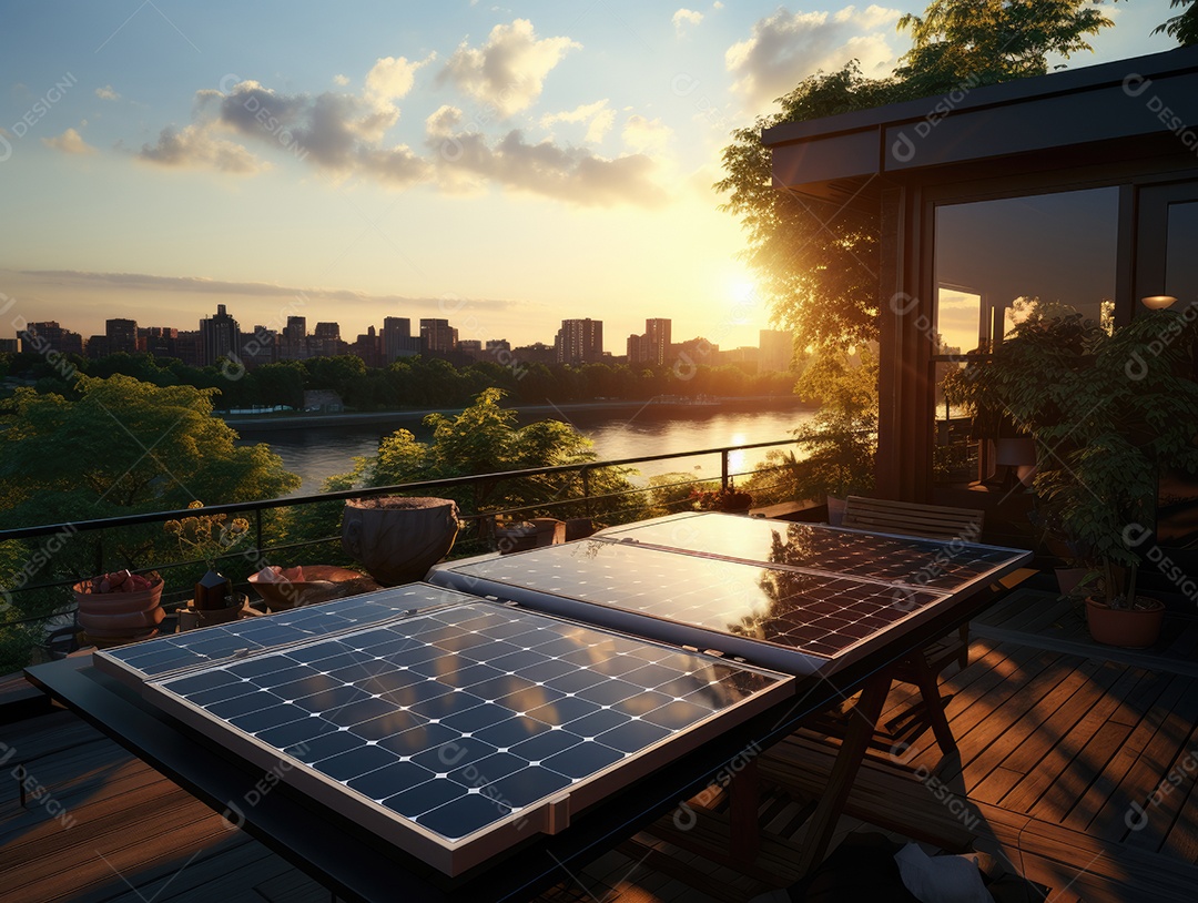 Painel solar moderno no telhado com plantas de manhã, painel solar