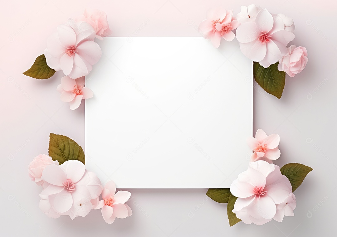 Composição com flores e papel em branco sobre fundo bege. Maquete de cartão de felicitações.