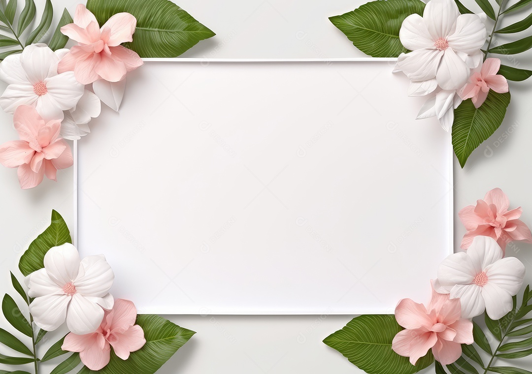 Composição com flores e papel em branco sobre fundo bege. Maquete de cartão de felicitações.Composição com flores e papel em branco sobre fundo bege. Maquete de cartão de felicitações.