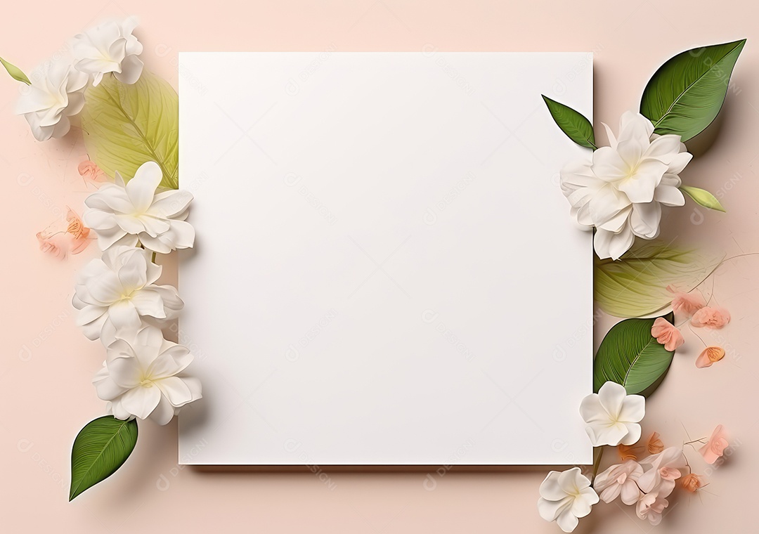 Composição com flores e papel em branco sobre fundo bege. Maquete de cartão de felicitações.