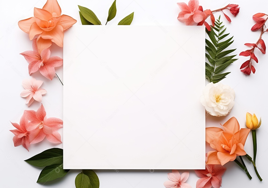 Composição com flores e papel em branco sobre fundo bege. Maquete de cartão de felicitações.