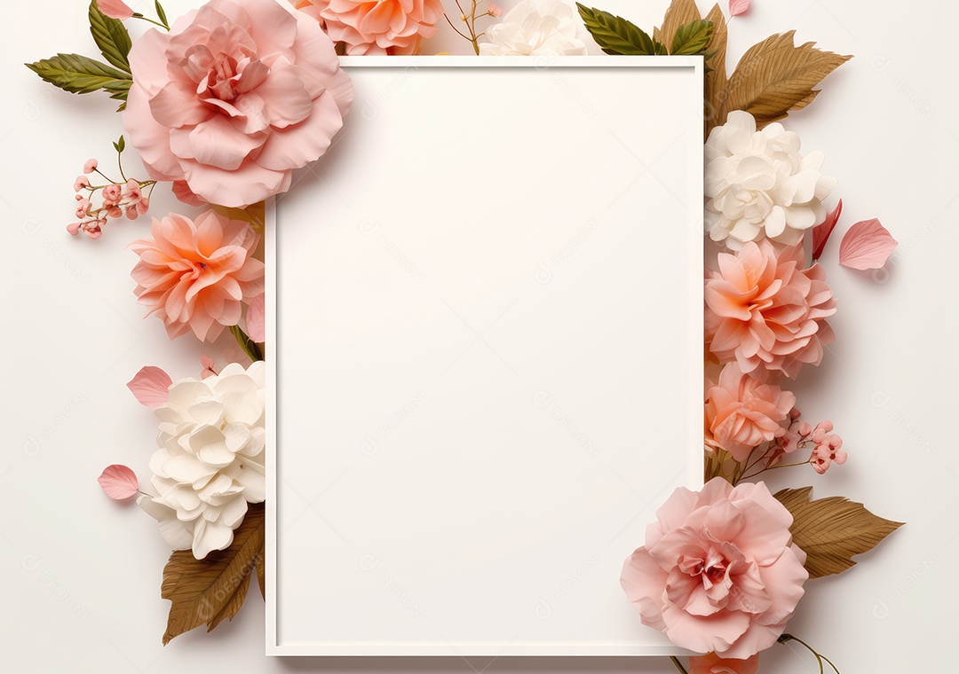 Composição com flores e papel em branco sobre fundo bege. Maquete de cartão de felicitações.