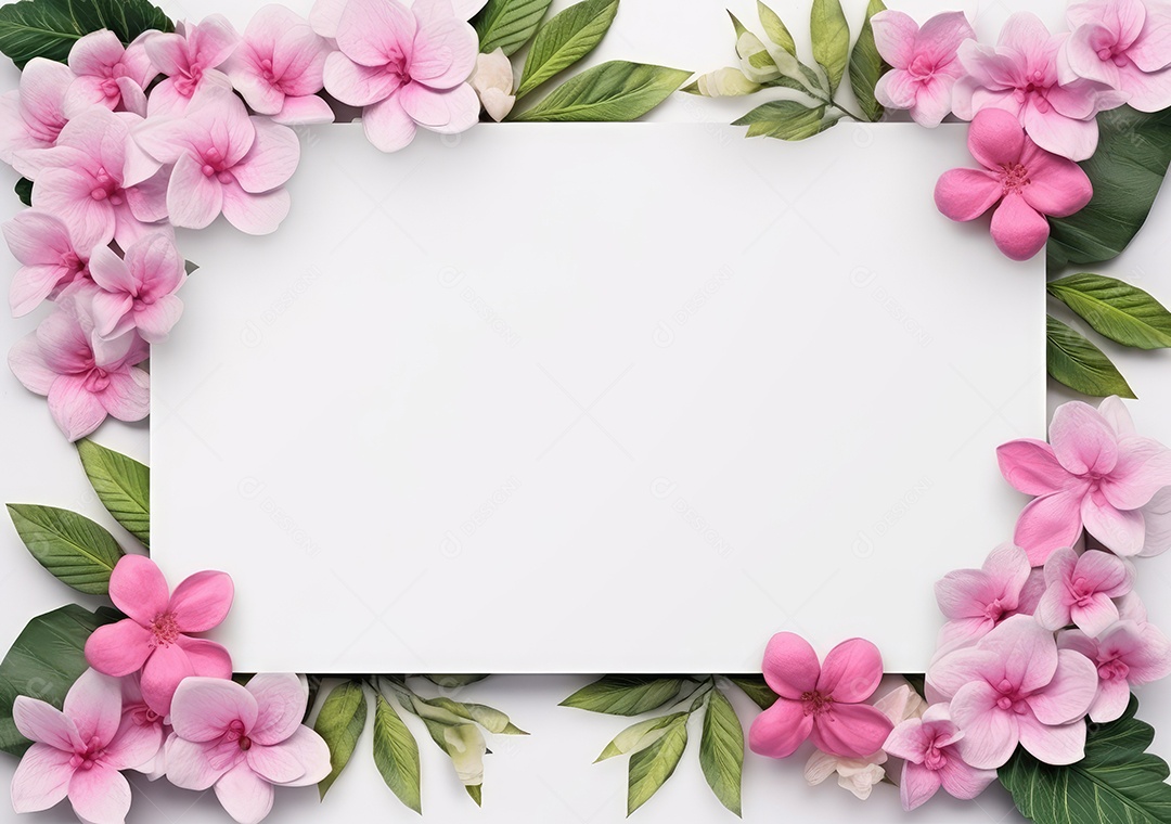 Composição com flores e papel em branco sobre fundo bege. Maquete de cartão de felicitações.