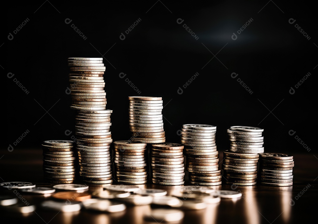 Pilha de moedas de prata e gráfico de dinheiro crescente em linhas. Conceito de renda, lucros, finanças, investimento, juros e poupança de dinheiro.