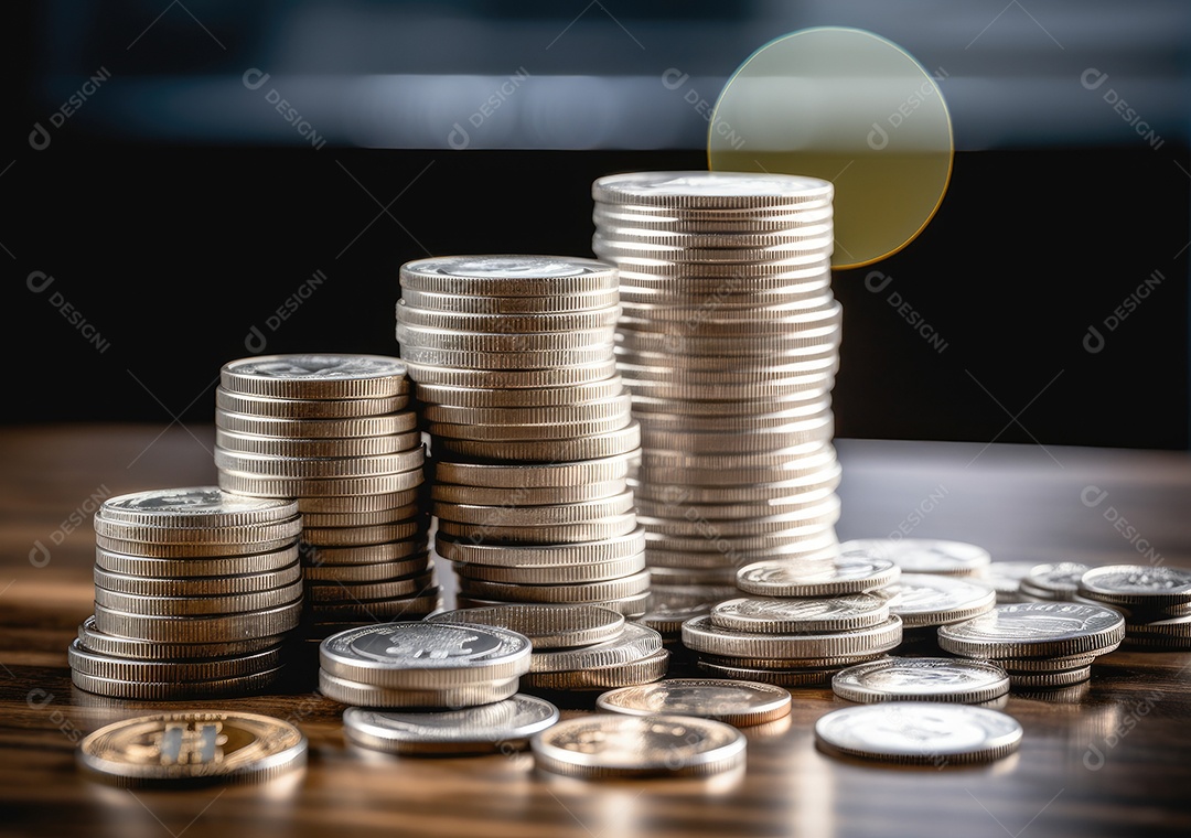 Pilha de moedas de prata e gráfico de dinheiro crescente em linhas. Conceito de renda, lucros, finanças, investimento, juros e poupança de dinheiro.