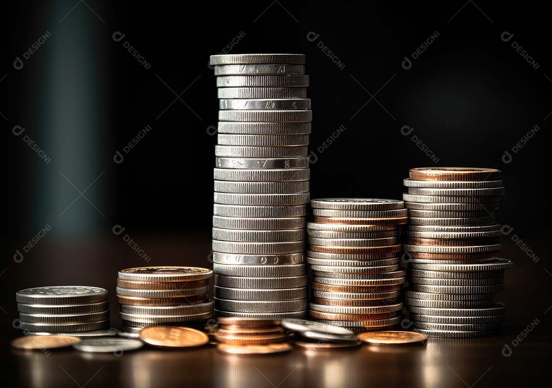 Pilha de moedas de prata e gráfico de dinheiro crescente em linhas. Conceito de renda, lucros, finanças, investimento, juros e poupança de dinheiro.