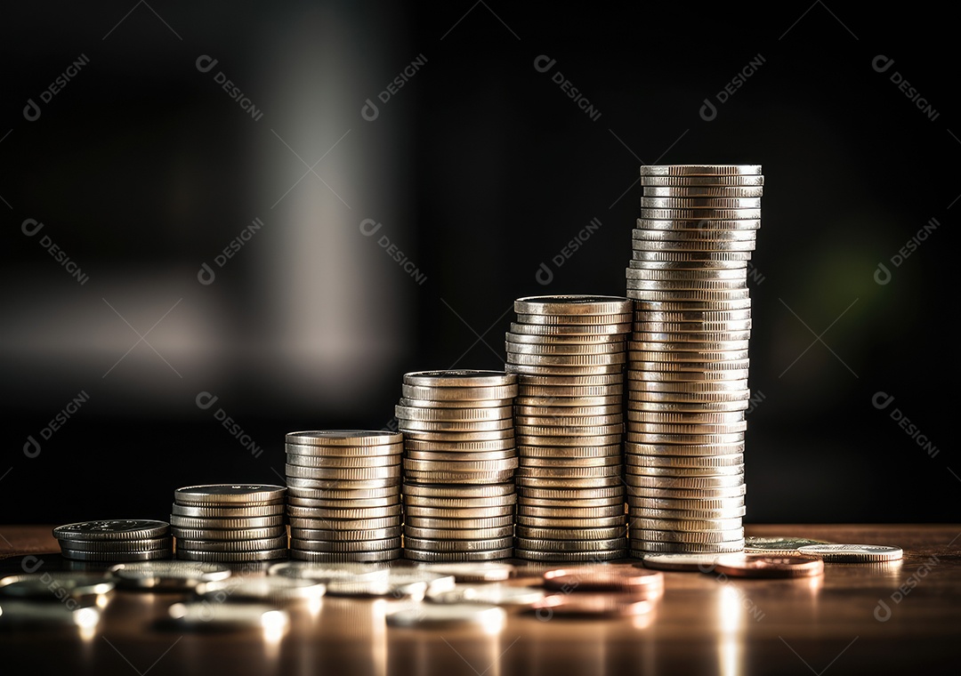 Pilha de moedas de prata e gráfico de dinheiro crescente em linhas. Conceito de renda, lucros, finanças, investimento, juros e poupança de dinheiro.