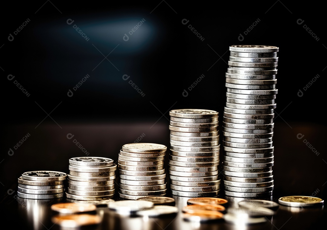 Pilha de moedas de prata e gráfico de dinheiro crescente em linhas. Conceito de renda, lucros, finanças, investimento, juros e poupança de dinheiro.