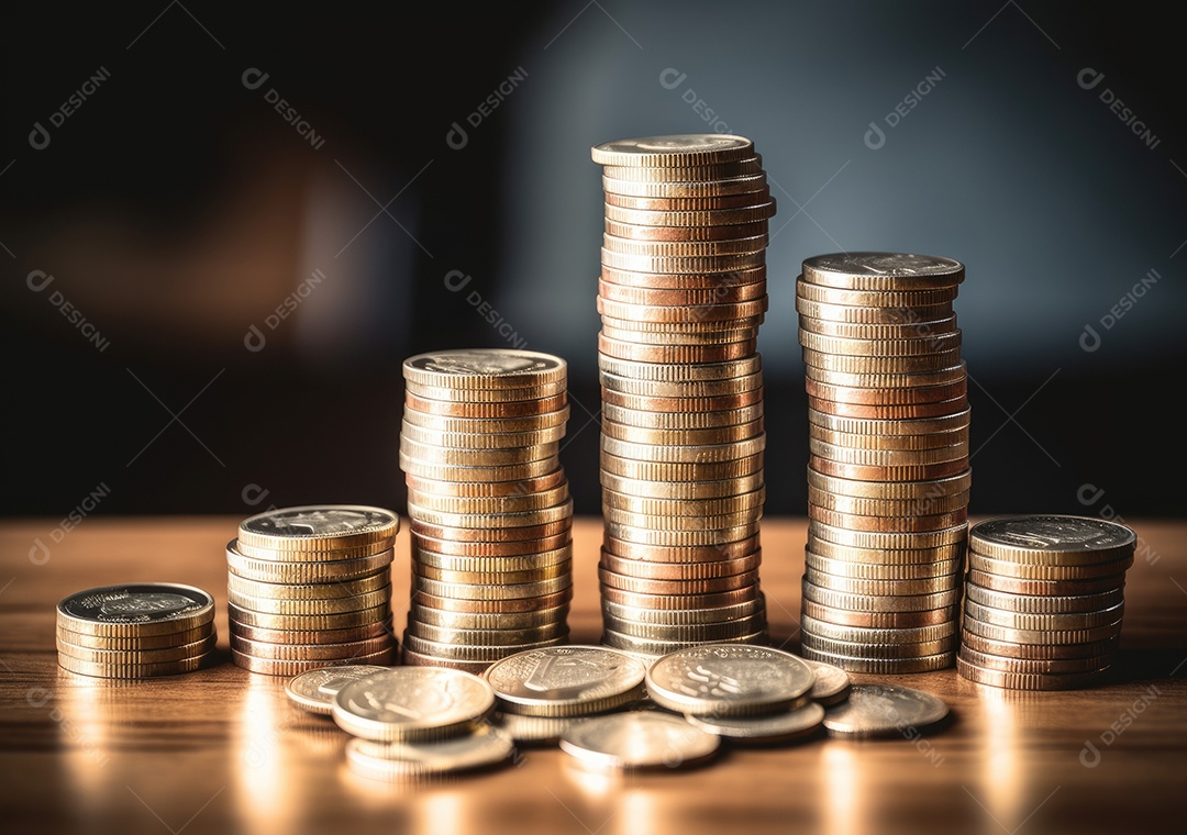 Pilha de moedas de prata e gráfico de dinheiro crescente em linhas. Conceito de renda, lucros, finanças, investimento, juros e poupança de dinheiro.