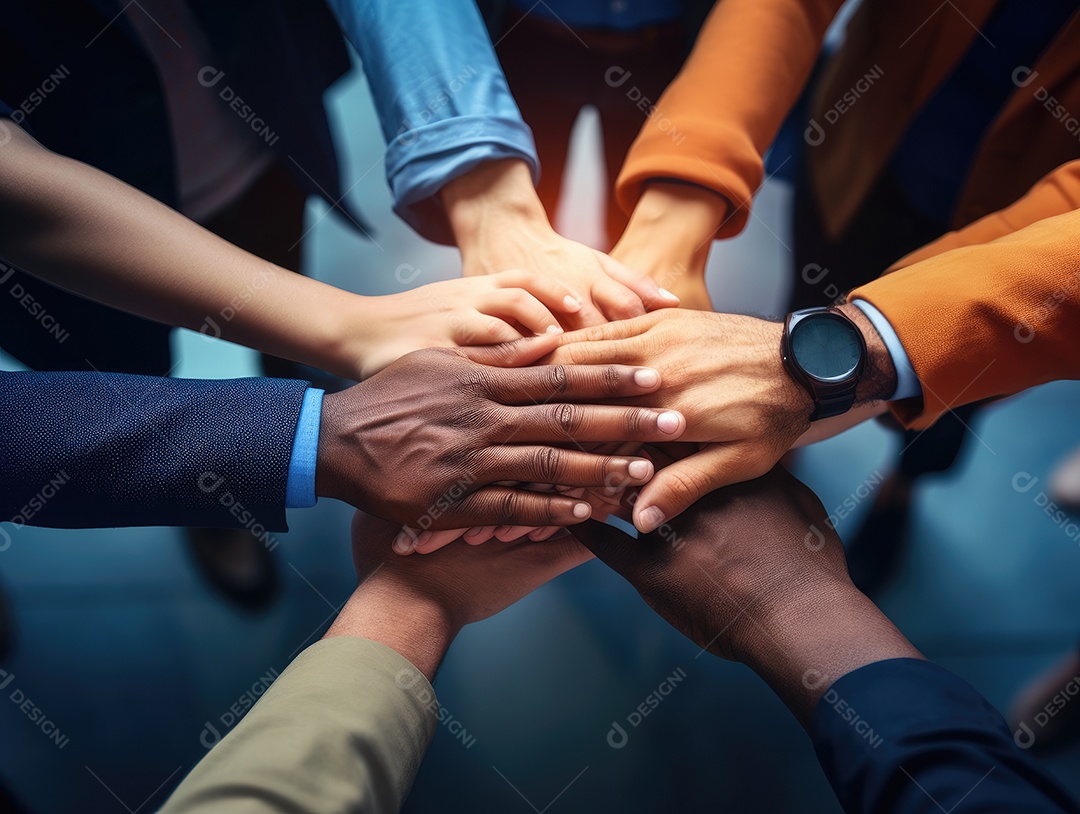 Grupo diversificado de empresários juntou as mãos na pilha