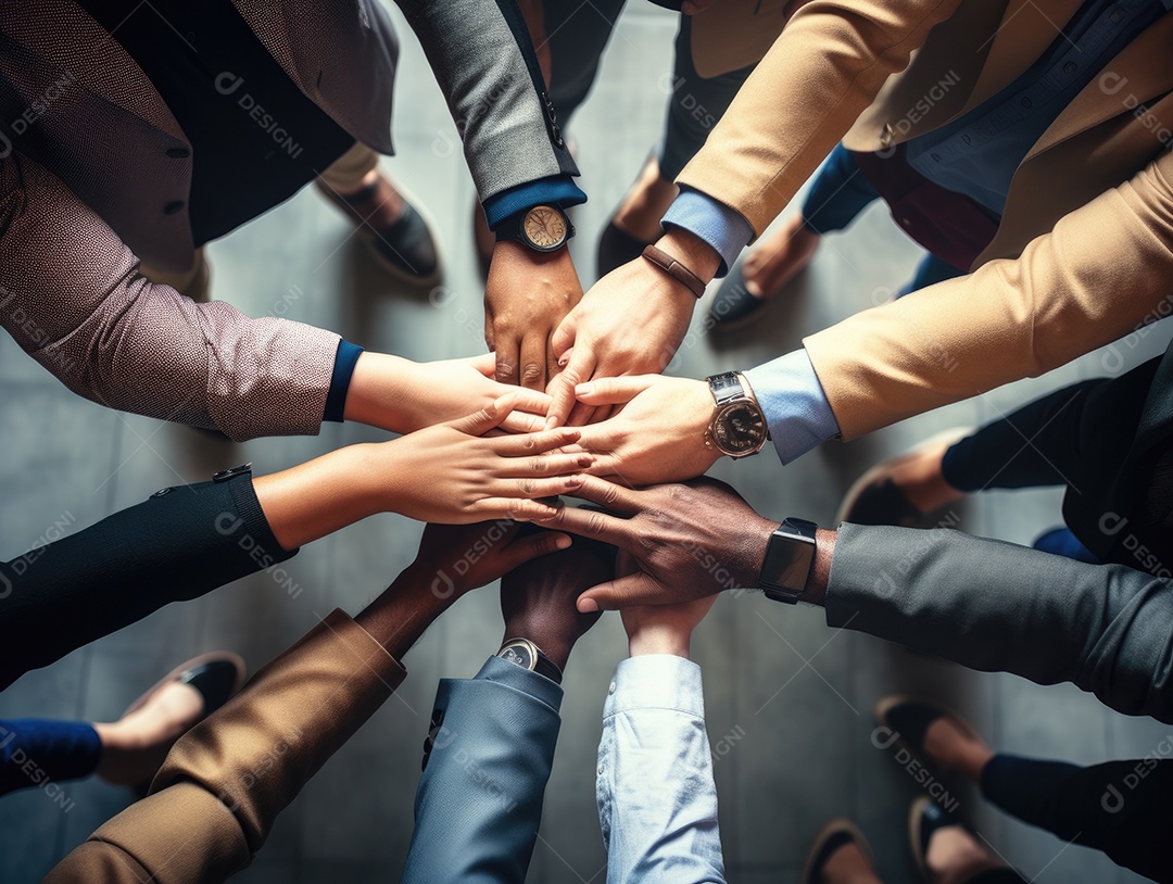 Grupo diversificado de empresários juntou as mãos na pilha