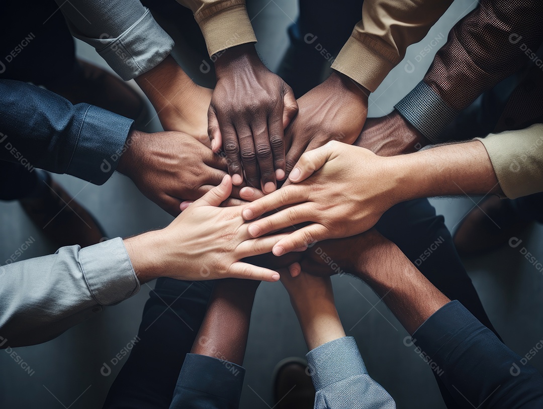 Grupo diversificado de empresários juntou as mãos na pilha