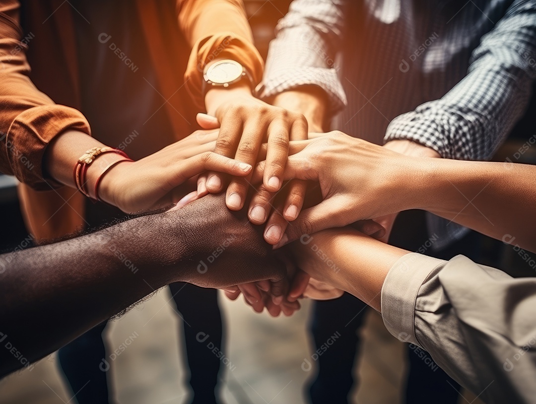 Grupo diversificado de empresários juntou as mãos na pilha