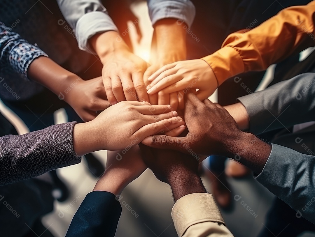 Grupo diversificado de empresários juntou as mãos na pilha