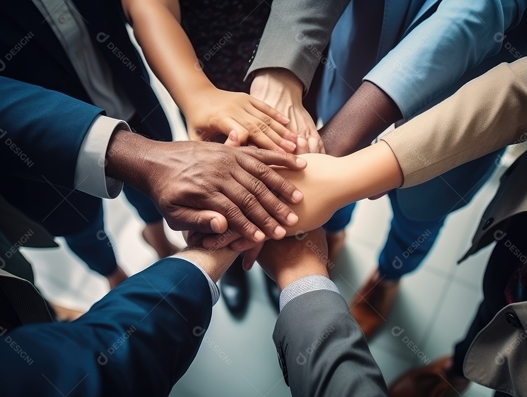 Grupo diversificado de empresários juntou as mãos na pilha