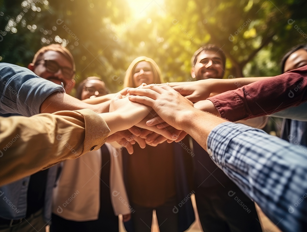 Grupo diversificado de empresários juntou as mãos na pilha