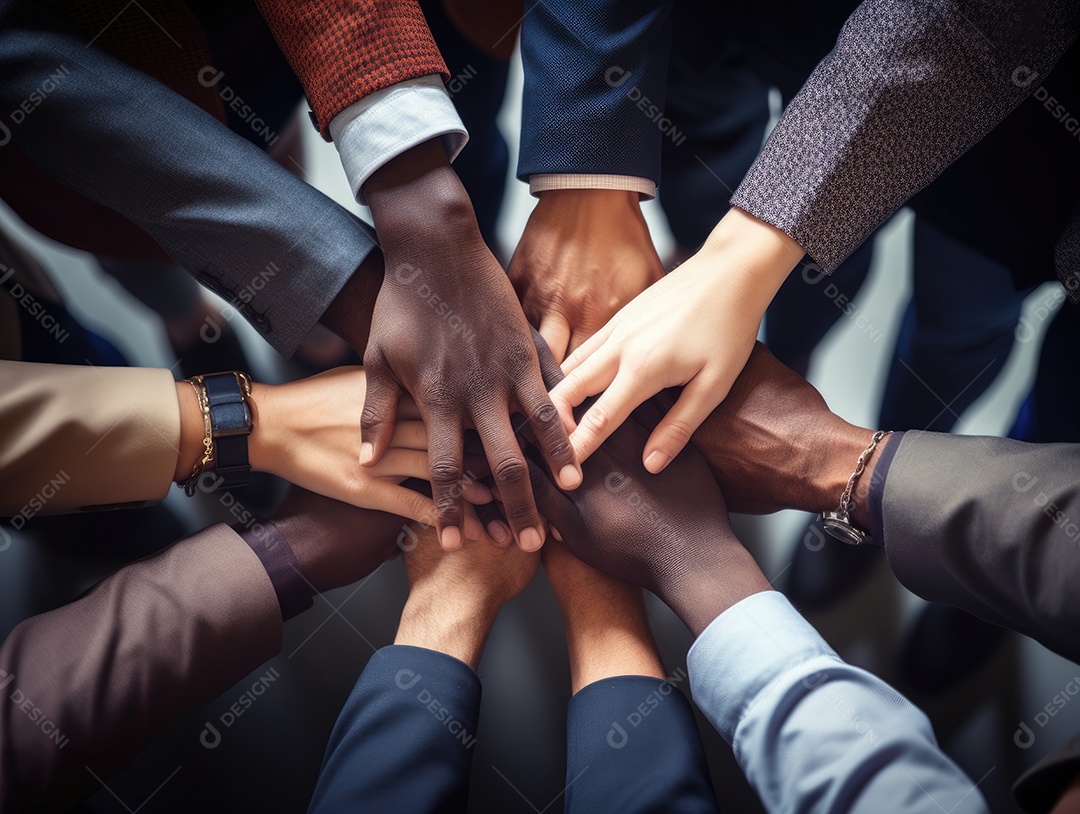 Grupo diversificado de empresários juntou as mãos na pilha