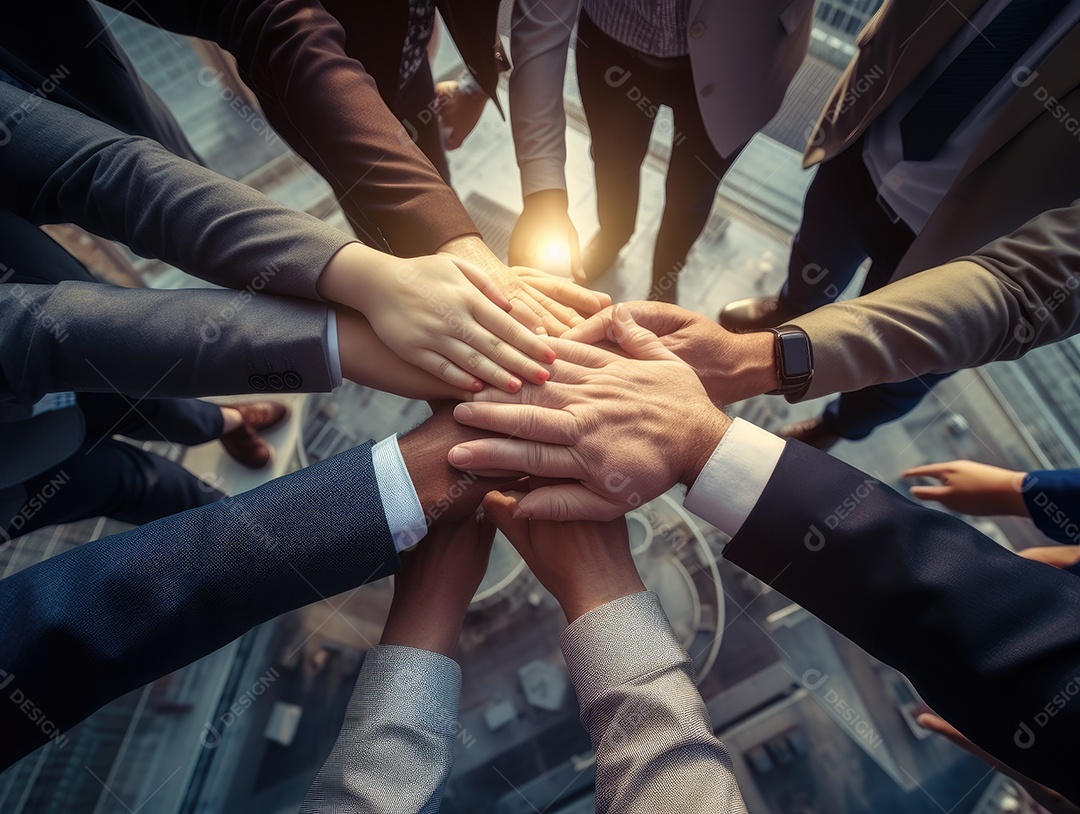 Grupo diversificado de empresários juntou as mãos na pilha