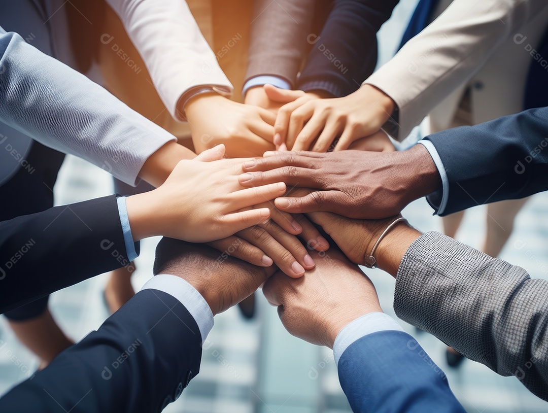 Grupo diversificado de empresários juntou as mãos na pilha