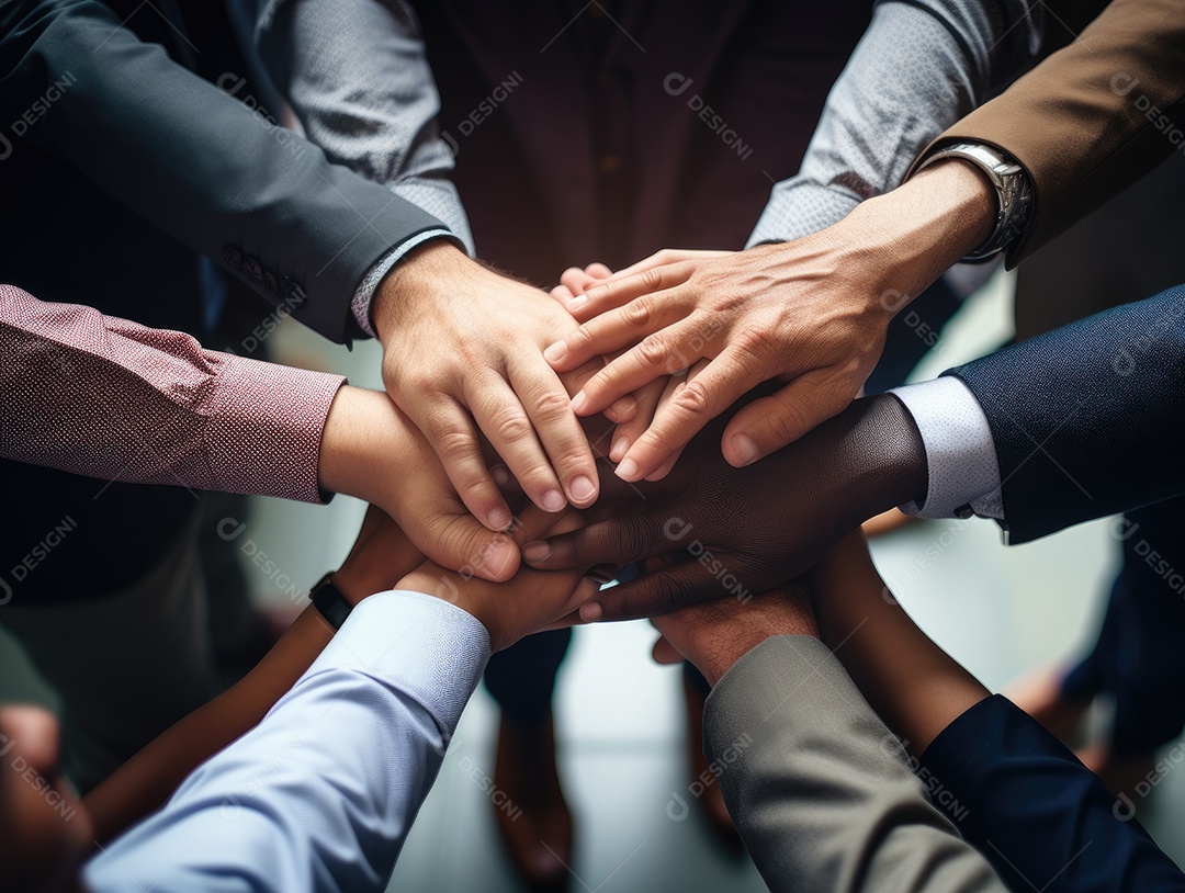 Grupo diversificado de empresários juntou as mãos na pilha