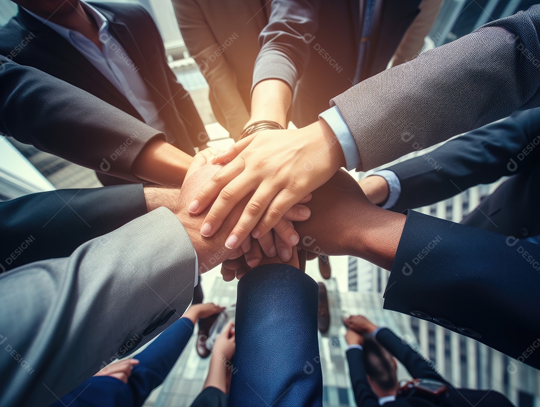 Grupo diversificado de empresários juntou as mãos na pilha