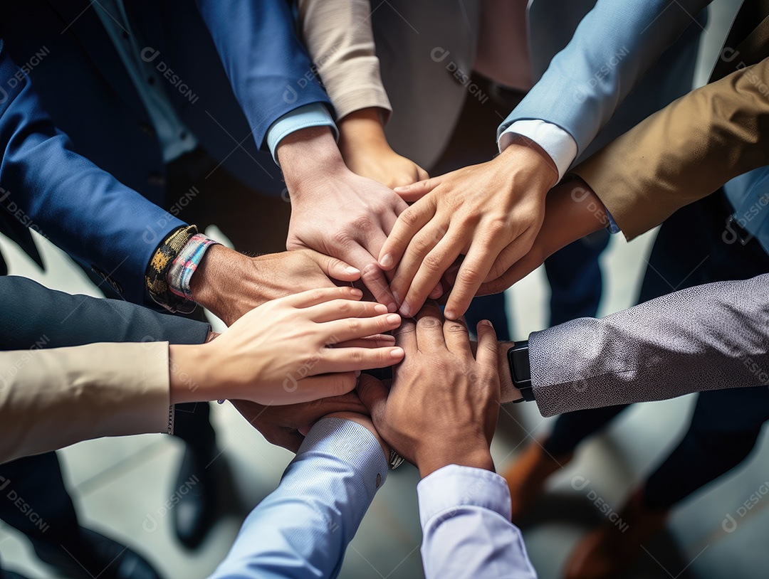 Grupo diversificado de empresários juntou as mãos na pilha