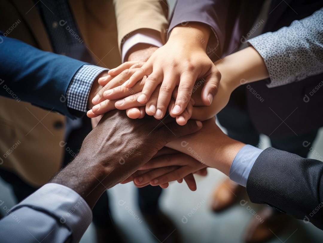 Grupo diversificado de empresários juntou as mãos na pilha