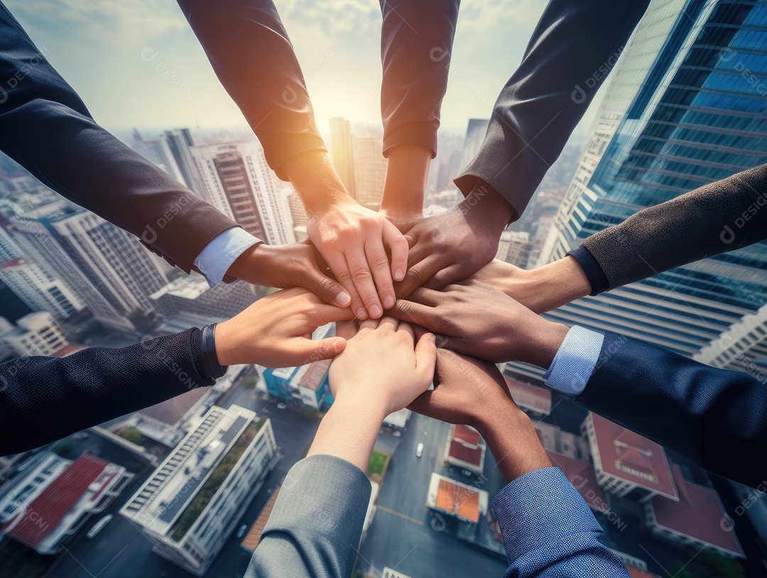 Grupo diversificado de empresários juntou as mãos na pilha