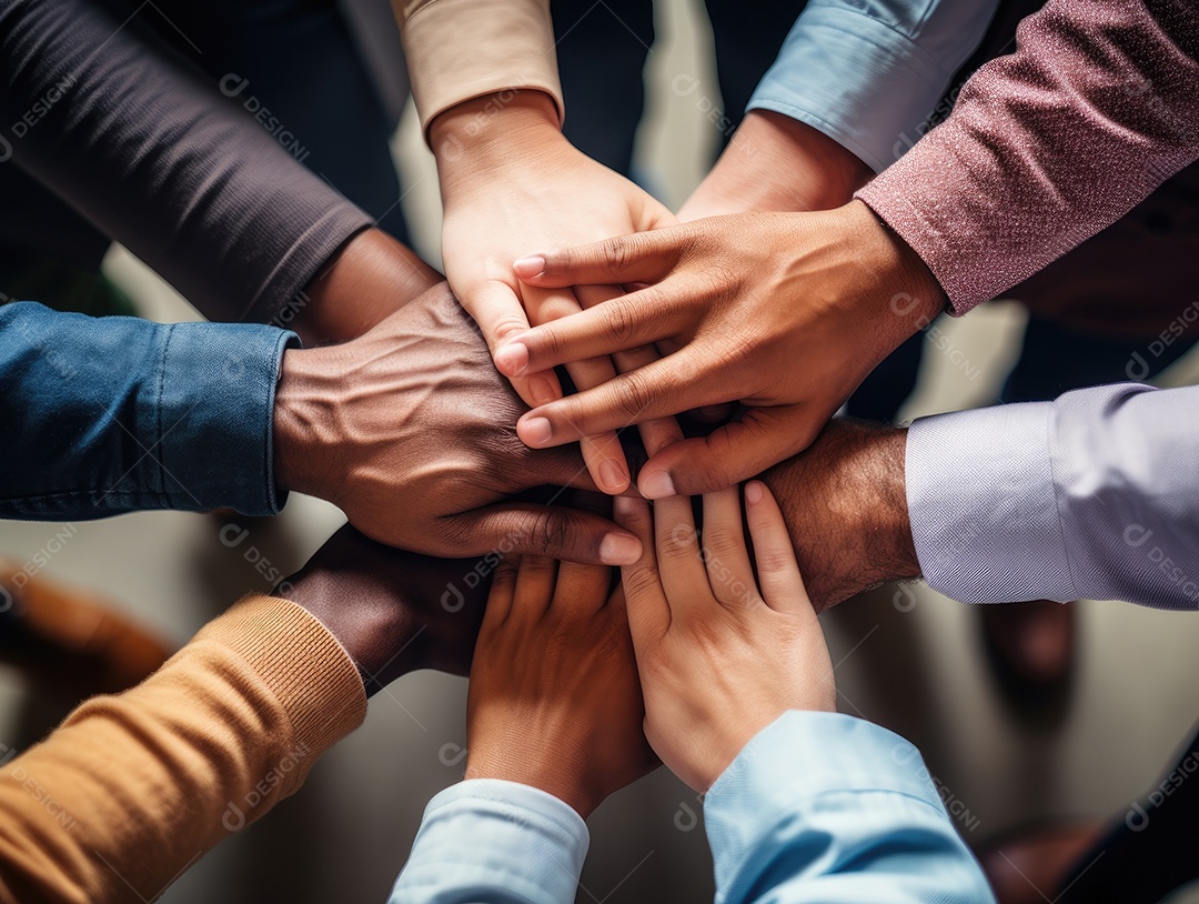 Grupo diversificado de empresários juntou as mãos na pilha