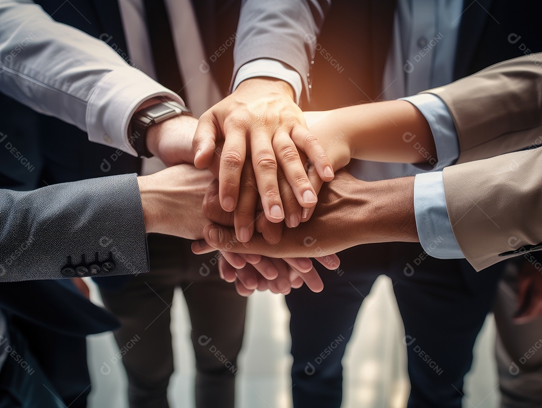 Grupo diversificado de empresários juntou as mãos na pilha