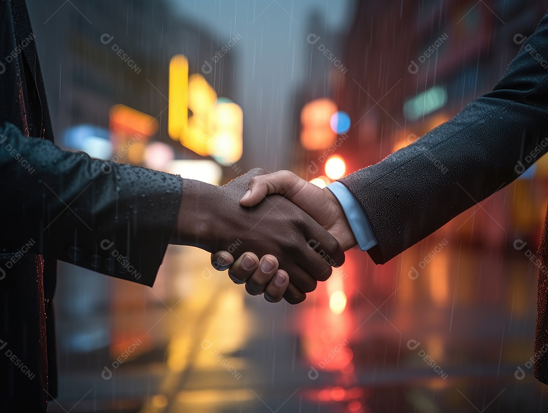 Negócios apertando as mãos na cena noturna da rua, terminando a reunião. Aperto de mão de empresários bem sucedidos depois de um bom negócio.