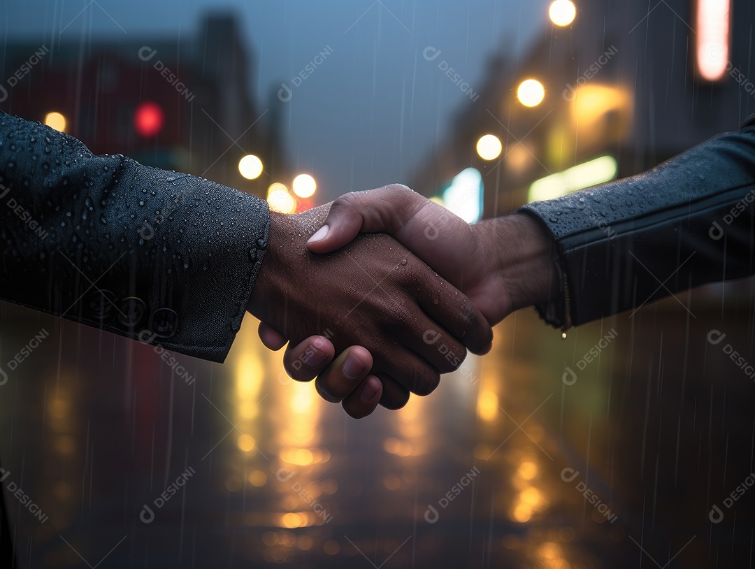 Negócios apertando as mãos na cena noturna da rua, terminando a reunião. Aperto de mão de empresários bem sucedidos depois de um bom negócio.