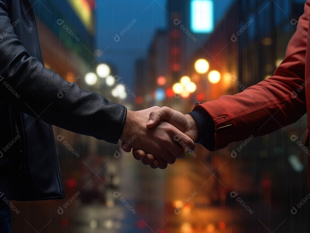 Negócios apertando as mãos na cena noturna da rua, terminando a reunião. Aperto de mão de empresários bem sucedidos depois de um bom negócio.