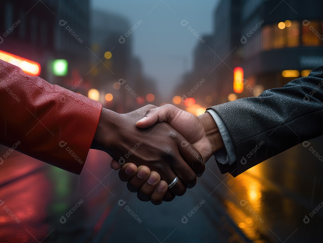 Negócios apertando as mãos na cena noturna da rua, terminando a reunião. Aperto de mão de empresários bem sucedidos depois de um bom negócio.