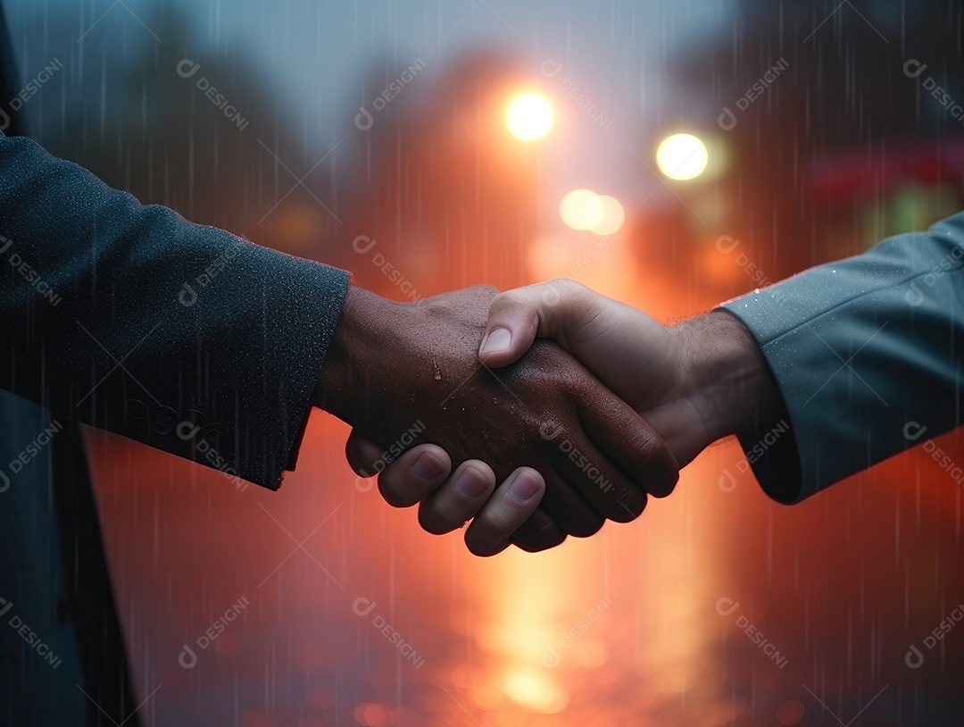 Negócios apertando as mãos na cena noturna da rua, terminando a reunião. Aperto de mão de empresários bem sucedidos depois de um bom negócio.