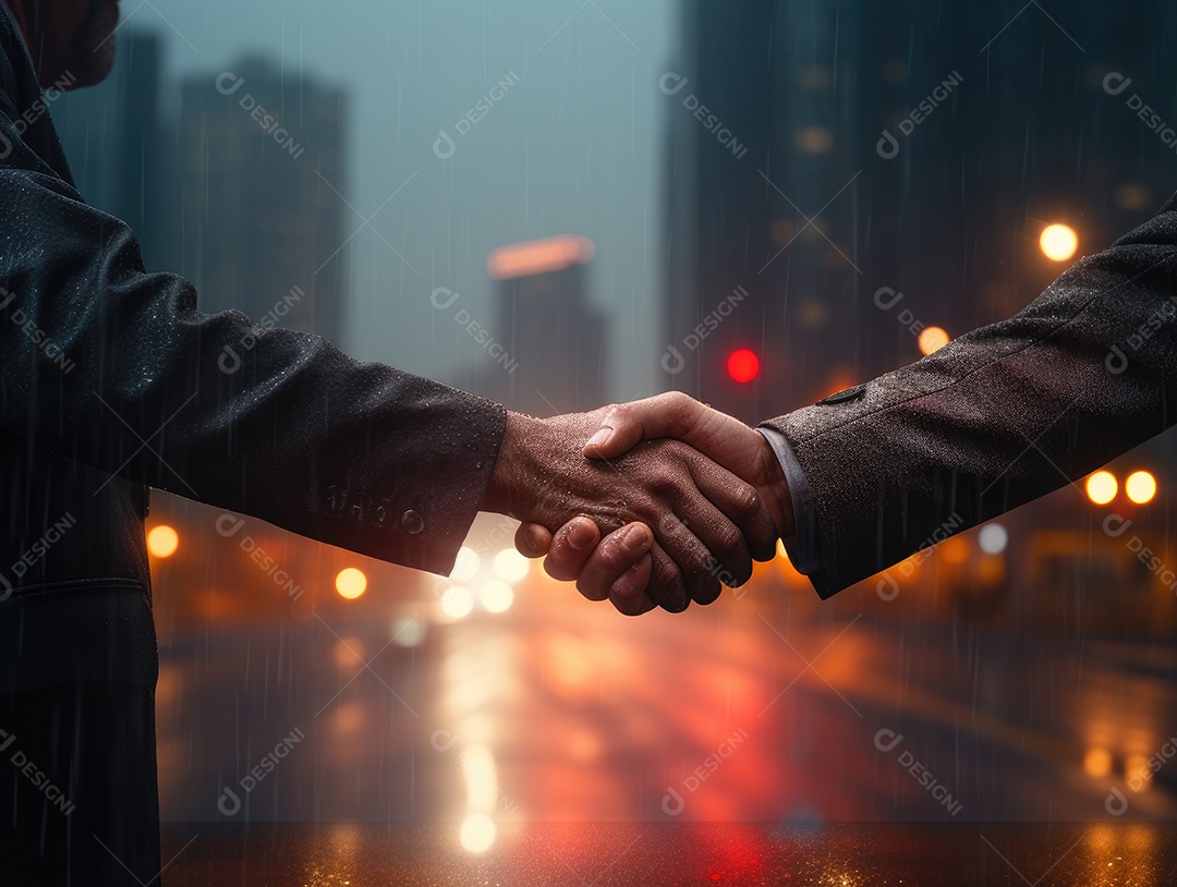Negócios apertando as mãos na cena noturna da rua, terminando a reunião. Aperto de mão de empresários bem sucedidos depois de um bom negócio.