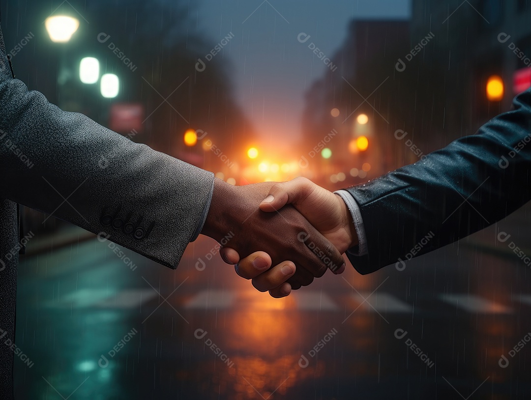 Negócios apertando as mãos na cena noturna da rua, terminando a reunião. Aperto de mão de empresários bem sucedidos depois de um bom negócio.