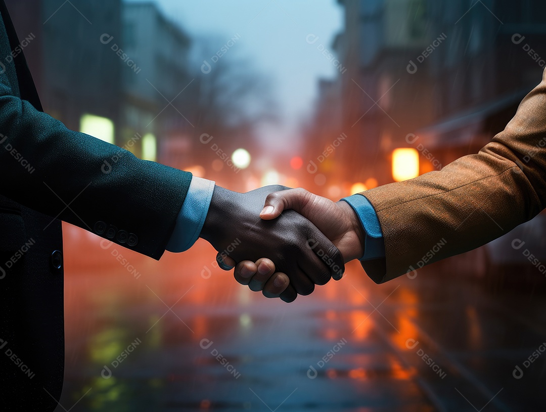 Negócios apertando as mãos na cena noturna da rua, terminando a reunião. Aperto de mão de empresários bem sucedidos depois de um bom negócio.