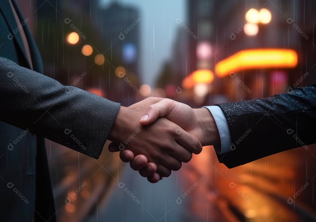 Negócios apertando as mãos na cena noturna da rua, terminando a reunião. Aperto de mão de empresários bem sucedidos depois de um bom negócio.