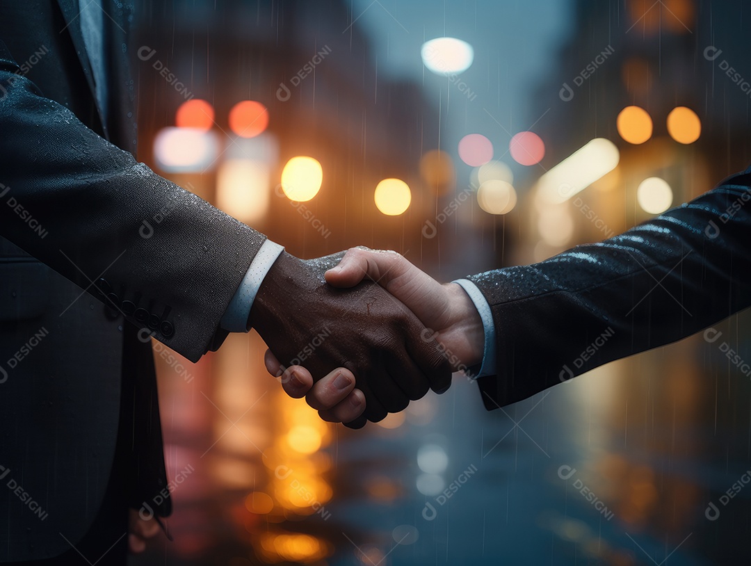 Negócios apertando as mãos na cena noturna da rua, terminando a reunião. Aperto de mão de empresários bem sucedidos depois de um bom negócio.