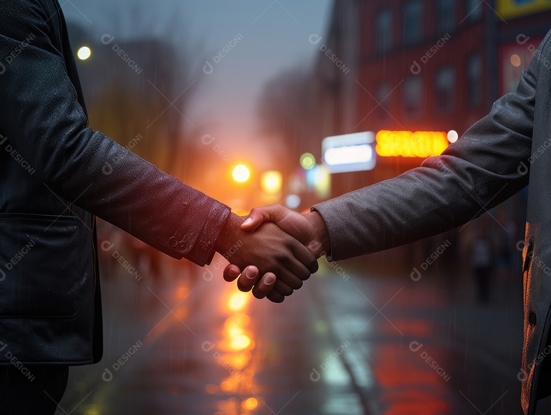 Negócios apertando as mãos na cena noturna da rua, terminando a reunião. Aperto de mão de empresários bem sucedidos depois de um bom negócio.