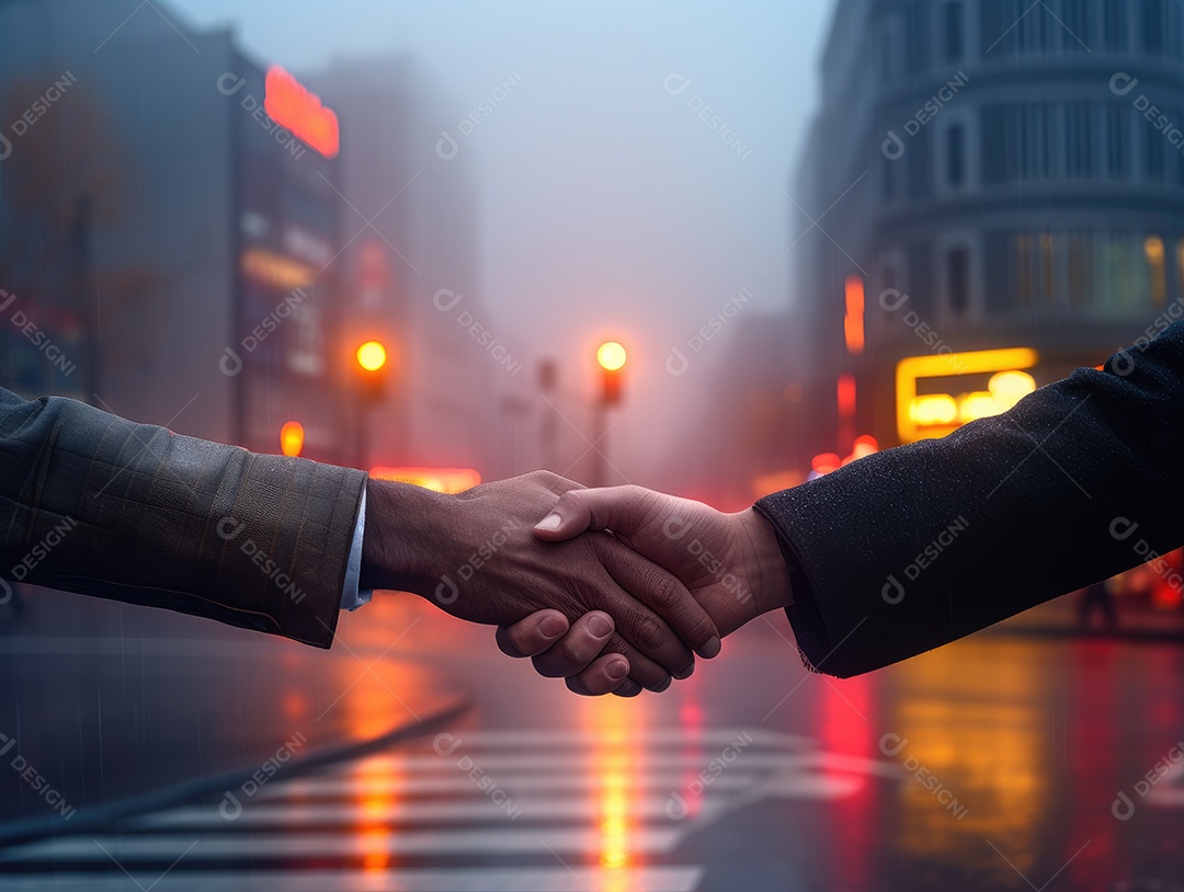 Negócios apertando as mãos na cena noturna da rua, terminando a reunião. Aperto de mão de empresários bem sucedidos depois de um bom negócio.