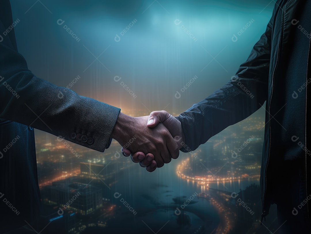 Negócios apertando as mãos na cena noturna da rua, terminando a reunião. Aperto de mão de empresários bem sucedidos depois de um bom negócio.