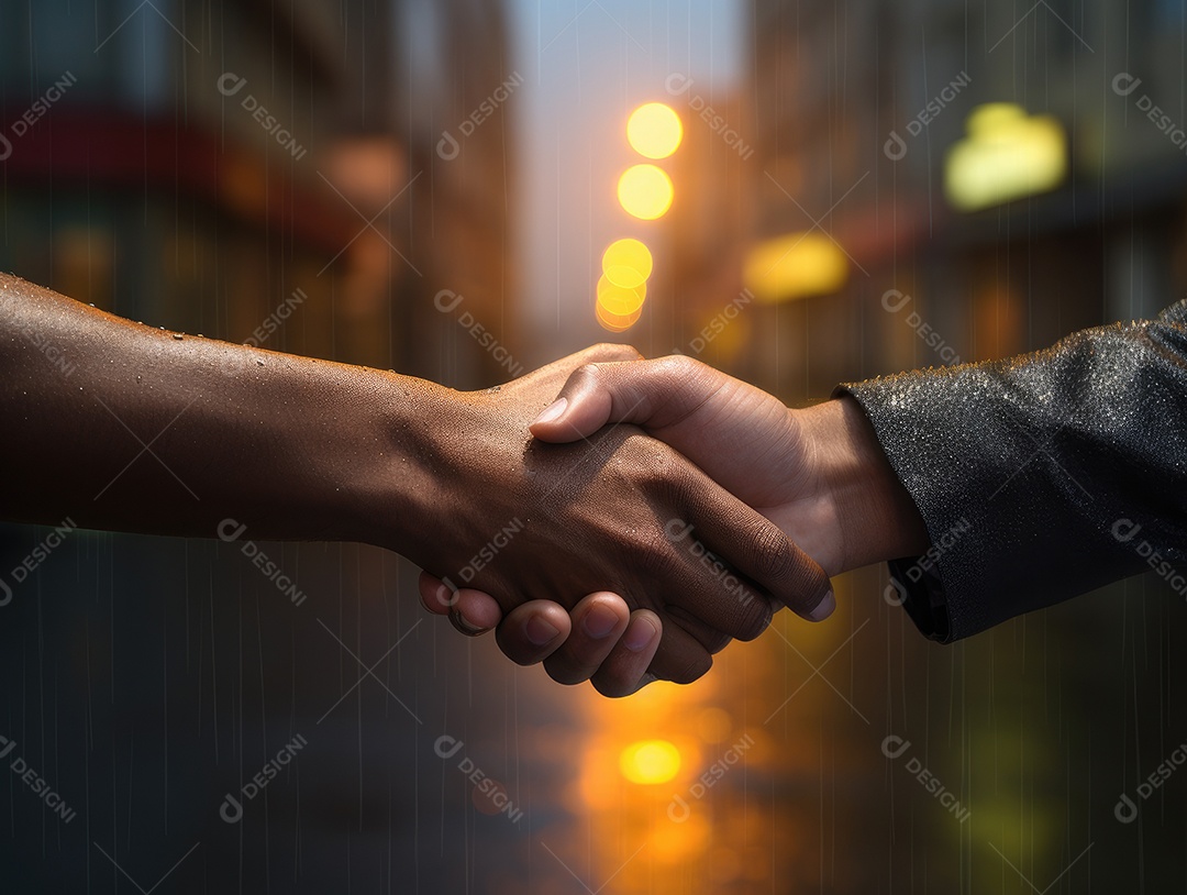 Negócios apertando as mãos na cena noturna da rua, terminando a reunião. Aperto de mão de empresários bem sucedidos depois de um bom negócio.
