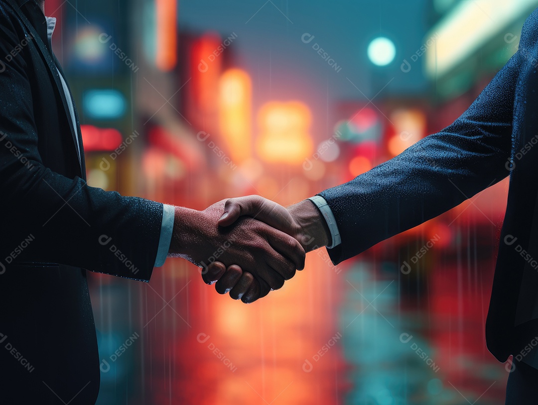 Negócios apertando as mãos na cena noturna da rua, terminando a reunião. Aperto de mão de empresários bem sucedidos depois de um bom negócio.