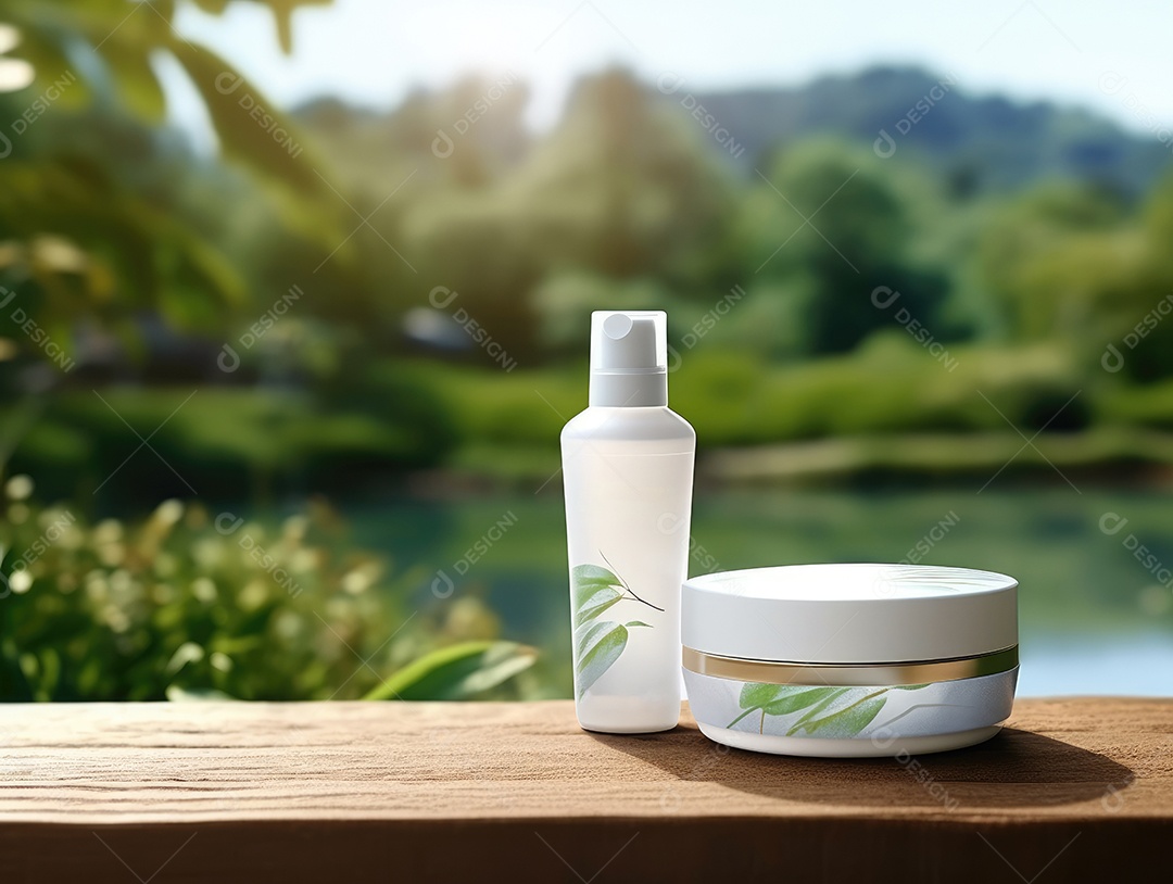 Conjunto de maquete de recipientes de produtos Aroma spa em um fundo natural com folhas verdes e luz solar