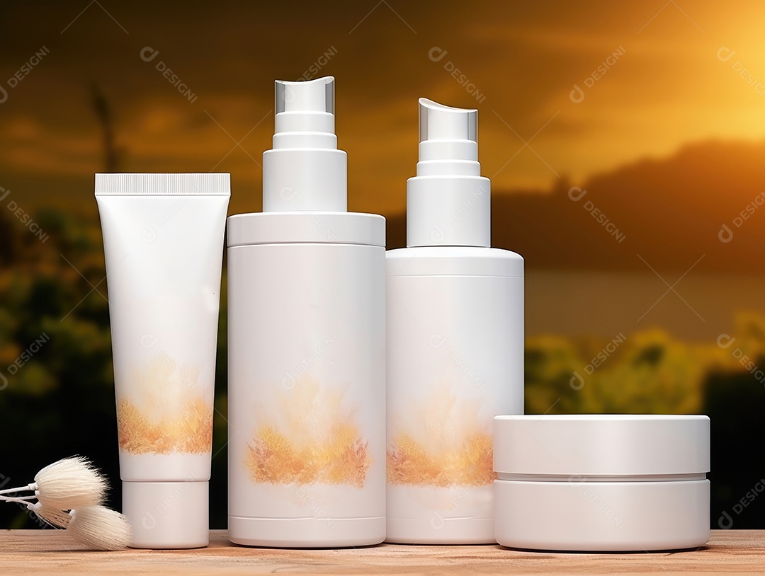 Conjunto de maquete de recipientes de produtos Aroma spa em um fundo natural com folhas verdes e luz solar