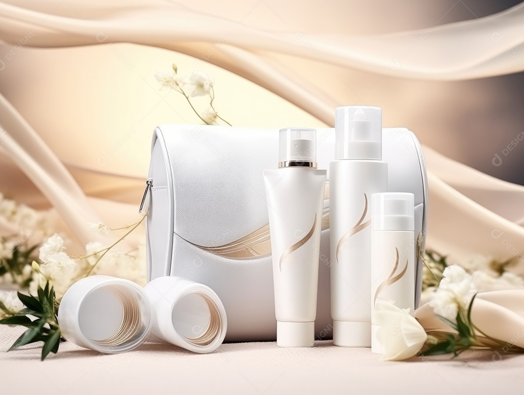 Conjunto de maquete de recipientes de produtos Aroma spa em um fundo natural com folhas verdes e luz solar