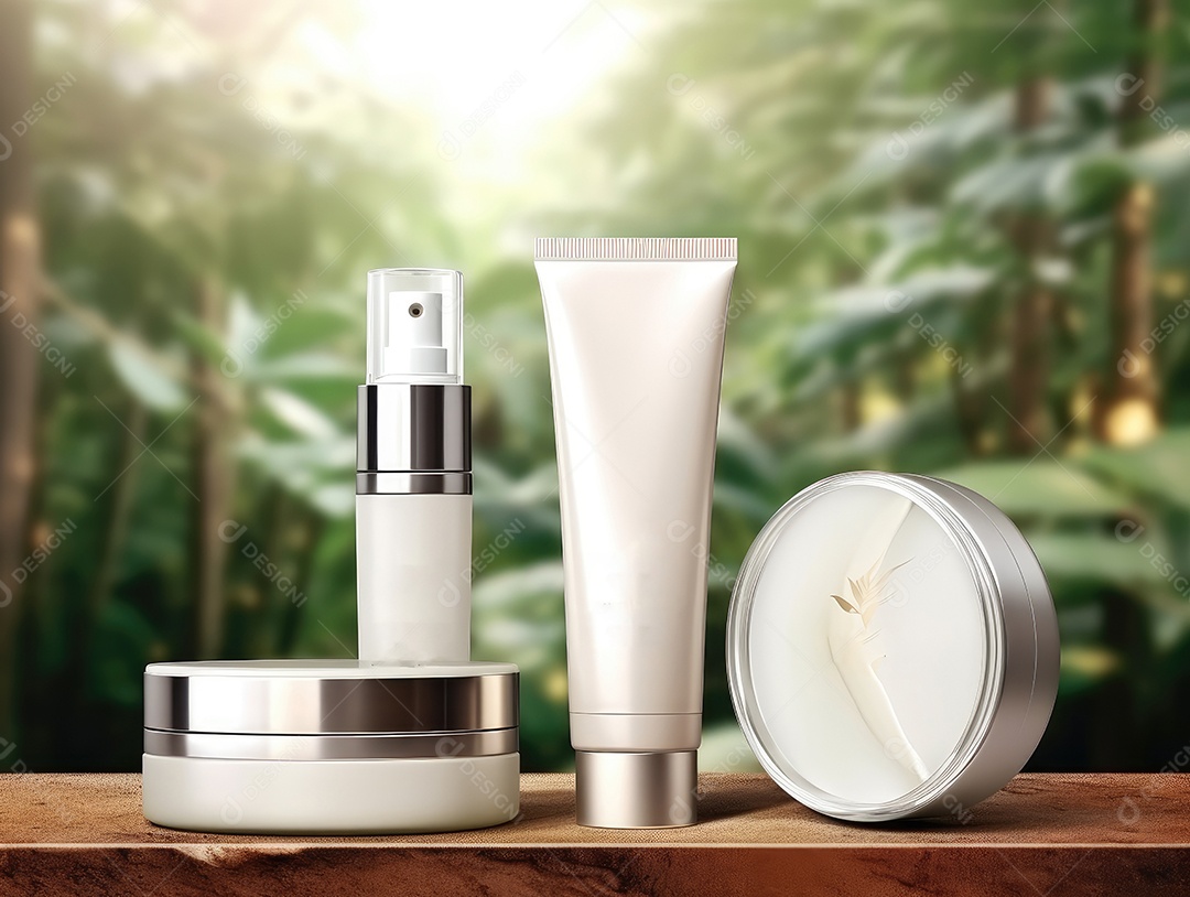 Conjunto de maquete de recipientes de produtos Aroma spa em um fundo natural com folhas verdes e luz solar